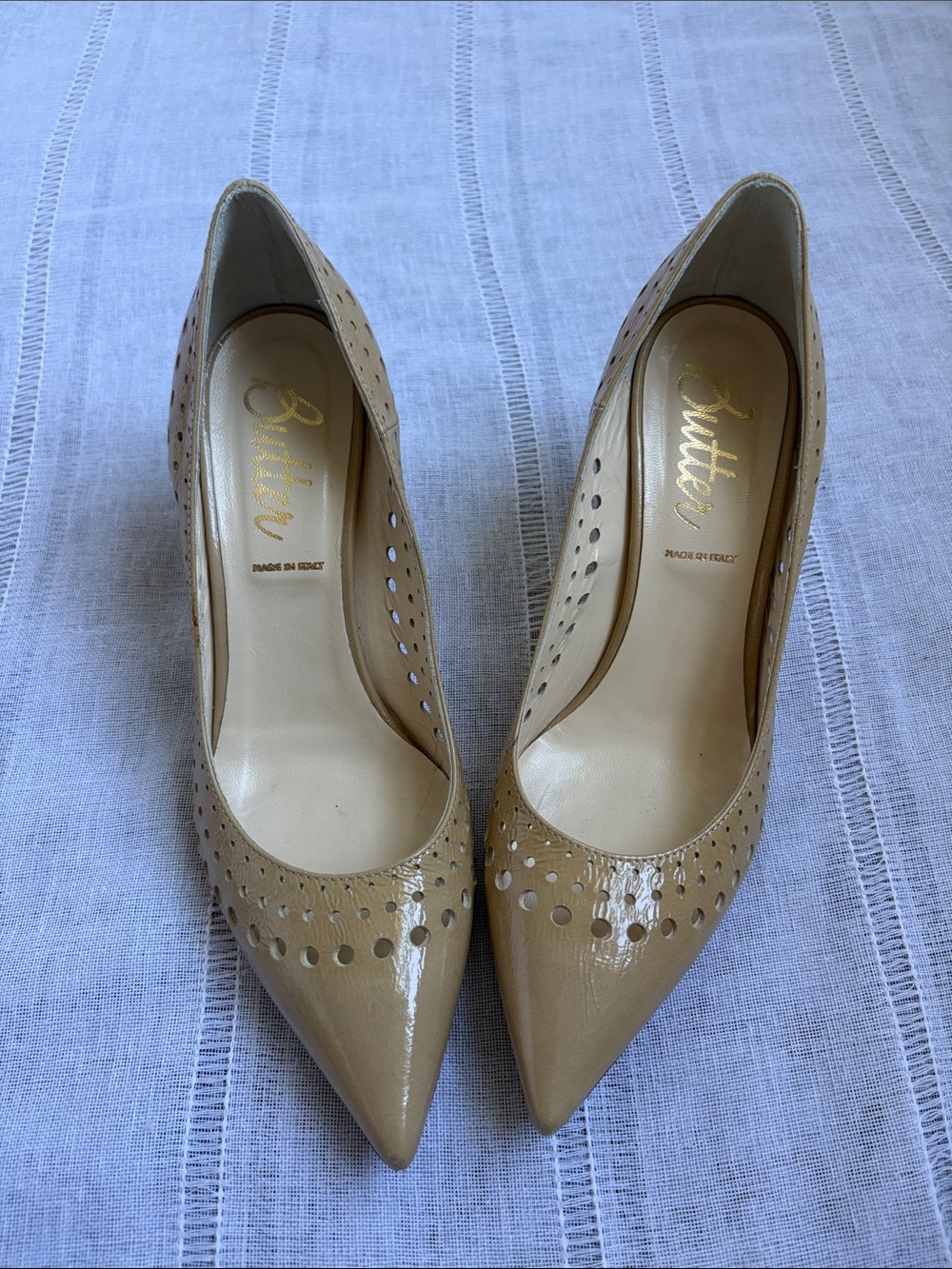 Butter Nude Patent Pointed-Toe Perforated Pumps
